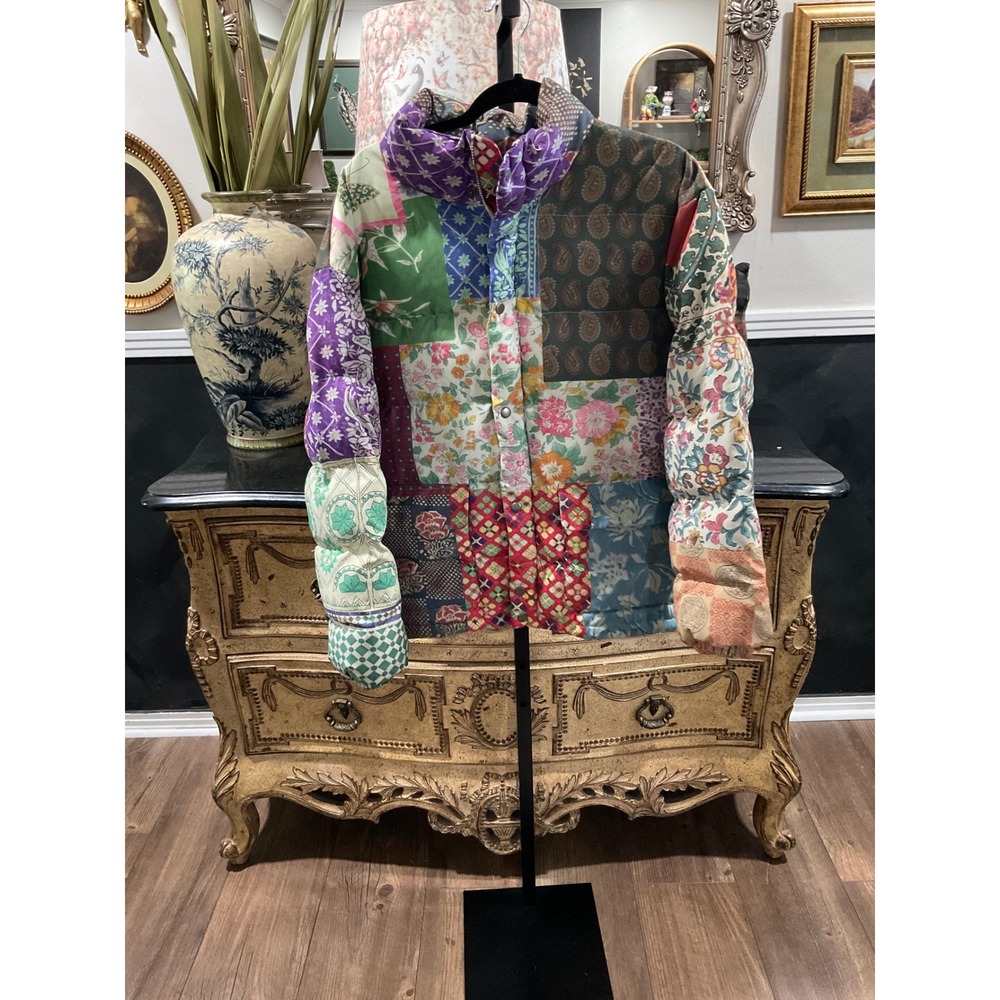 Found Patchwork Puffer Jacket Womens XL Multi Color Floral Paisley Quilted Zip